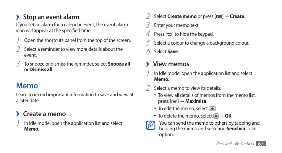 Memo | Samsung GALAXYFIT GT-S5670 User Manual | Page 67 / 126