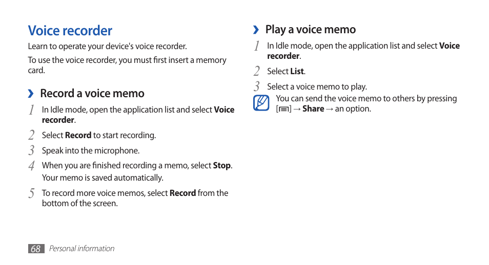 Voice recorder | Samsung GALAXYFIT GT-S5670 User Manual | Page 68 / 126