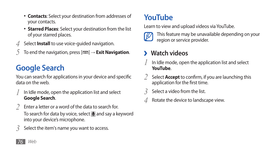 Google search, Youtube, Google search youtube | Samsung GALAXYFIT GT-S5670 User Manual | Page 76 / 126