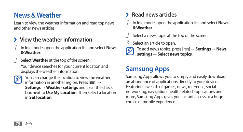 News & weather, Samsung apps, News & weather samsung apps | Samsung GALAXYFIT GT-S5670 User Manual | Page 78 / 126