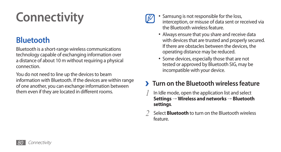 Connectivity, Bluetooth | Samsung GALAXYFIT GT-S5670 User Manual | Page 80 / 126