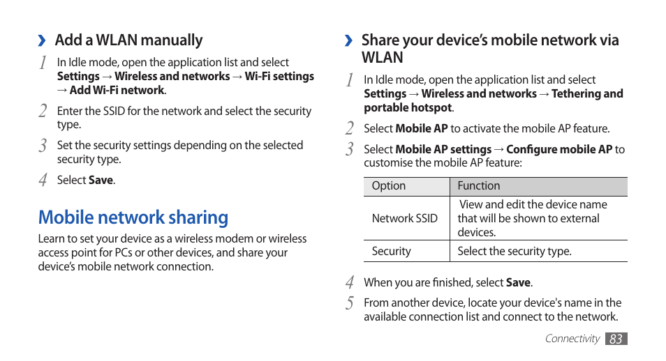 Mobile network sharing | Samsung GALAXYFIT GT-S5670 User Manual | Page 83 / 126