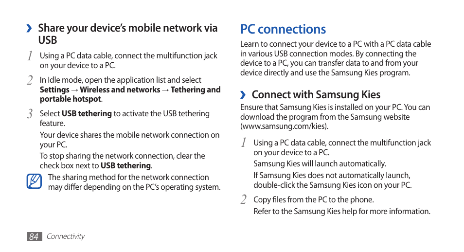Pc connections | Samsung GALAXYFIT GT-S5670 User Manual | Page 84 / 126