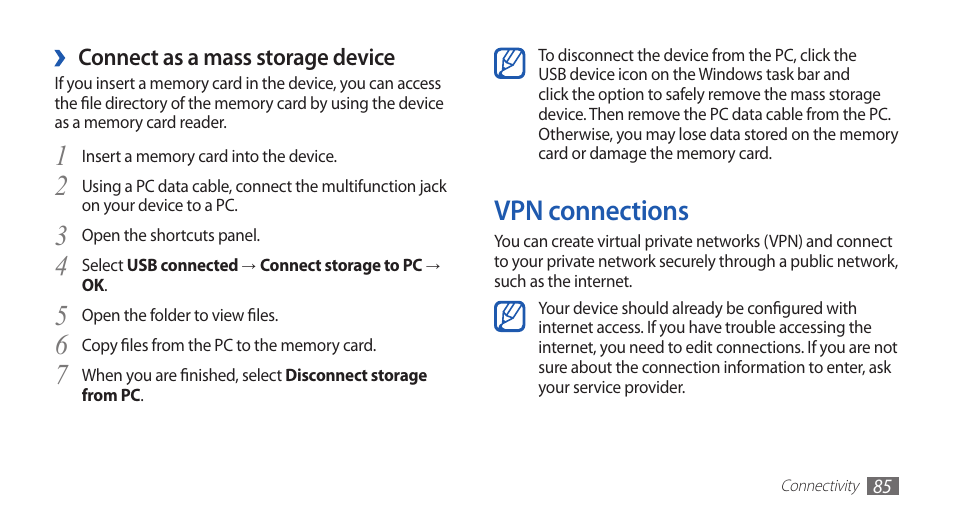 Vpn connections | Samsung GALAXYFIT GT-S5670 User Manual | Page 85 / 126