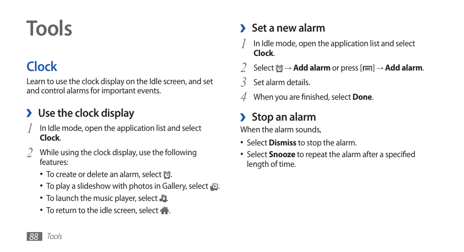 Tools, Clock | Samsung GALAXYFIT GT-S5670 User Manual | Page 88 / 126