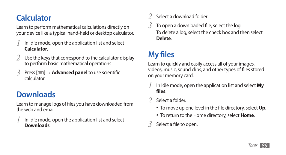 Calculator, Downloads, My files | Calculator downloads my files, 3calculator | Samsung GALAXYFIT GT-S5670 User Manual | Page 89 / 126