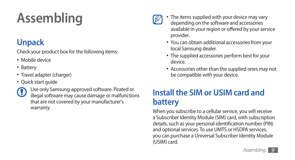 Assembling, Unpack, Install the sim or usim card and battery | Unpack install the sim or usim card and battery | Samsung GALAXYFIT GT-S5670 User Manual | Page 9 / 126