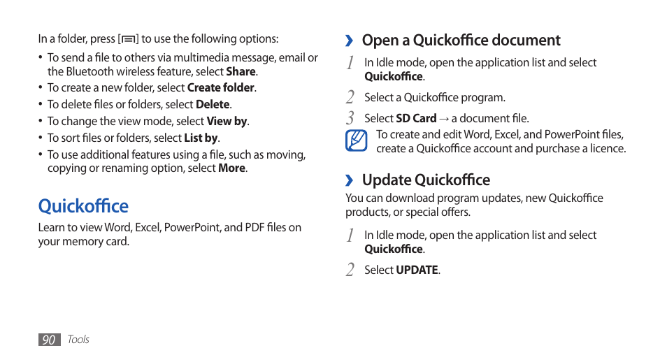 Quickoffice | Samsung GALAXYFIT GT-S5670 User Manual | Page 90 / 126