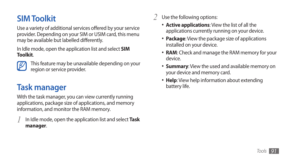 Sim toolkit, Task manager, Sim toolkit task manager | Samsung GALAXYFIT GT-S5670 User Manual | Page 91 / 126