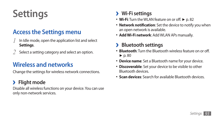 Settings, Access the settings menu, Wireless and networks | Access the settings menu wireless and networks, 2wireless and networks | Samsung GALAXYFIT GT-S5670 User Manual | Page 93 / 126