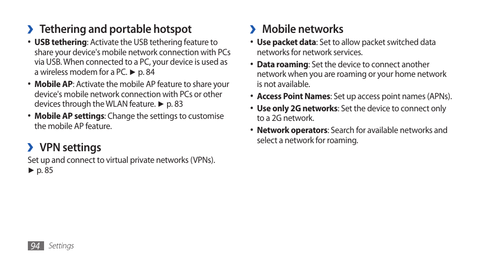 Mobile networks, Tethering and portable hotspot, Vpn settings | Samsung GALAXYFIT GT-S5670 User Manual | Page 94 / 126