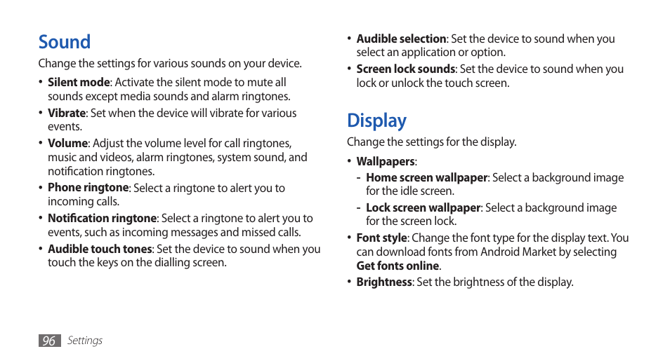 Sound, Display, Sound display | Samsung GALAXYFIT GT-S5670 User Manual | Page 96 / 126