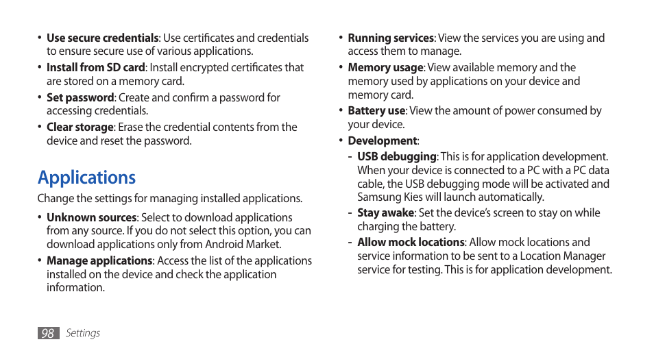 Applications | Samsung GALAXYFIT GT-S5670 User Manual | Page 98 / 126