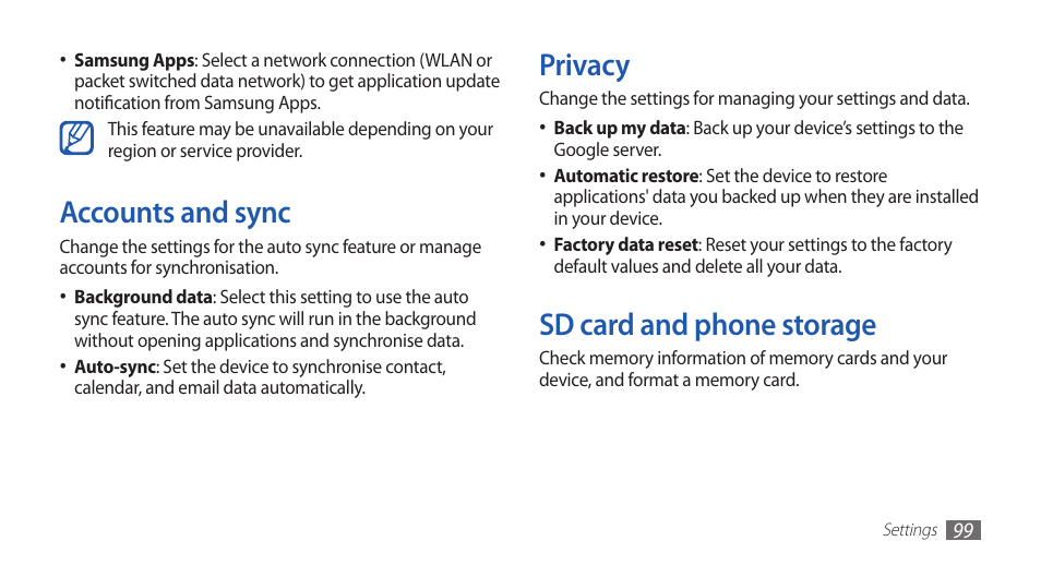 Accounts and sync, Privacy, Sd card and phone storage | Privacy sd card and phone storage | Samsung GALAXYFIT GT-S5670 User Manual | Page 99 / 126