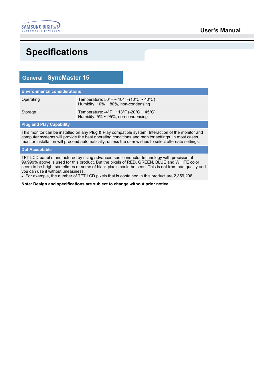 Specifications, User’s manual, Syncmaster 152t) | General | Samsung 152B User Manual | Page 37 / 53