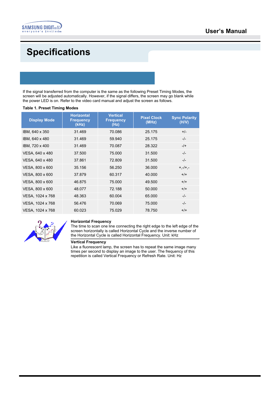 Specifications, User’s manual, Preset timing modes | Samsung 152B User Manual | Page 41 / 53