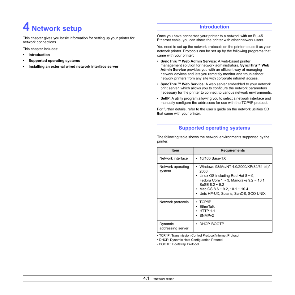 Network setup, Introduction, Supported operating systems | Introduction supported operating systems | Samsung ML-2570 Series User Manual | Page 18 / 85