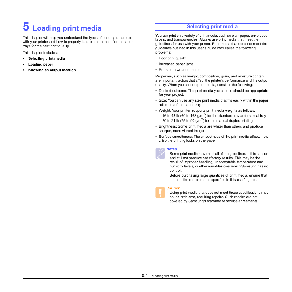 Loading print media, Selecting print media | Samsung ML-2570 Series User Manual | Page 20 / 85