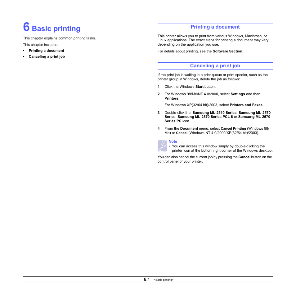 Basic printing, Printing a document, Canceling a print job | Printing a document canceling a print job | Samsung ML-2570 Series User Manual | Page 26 / 85