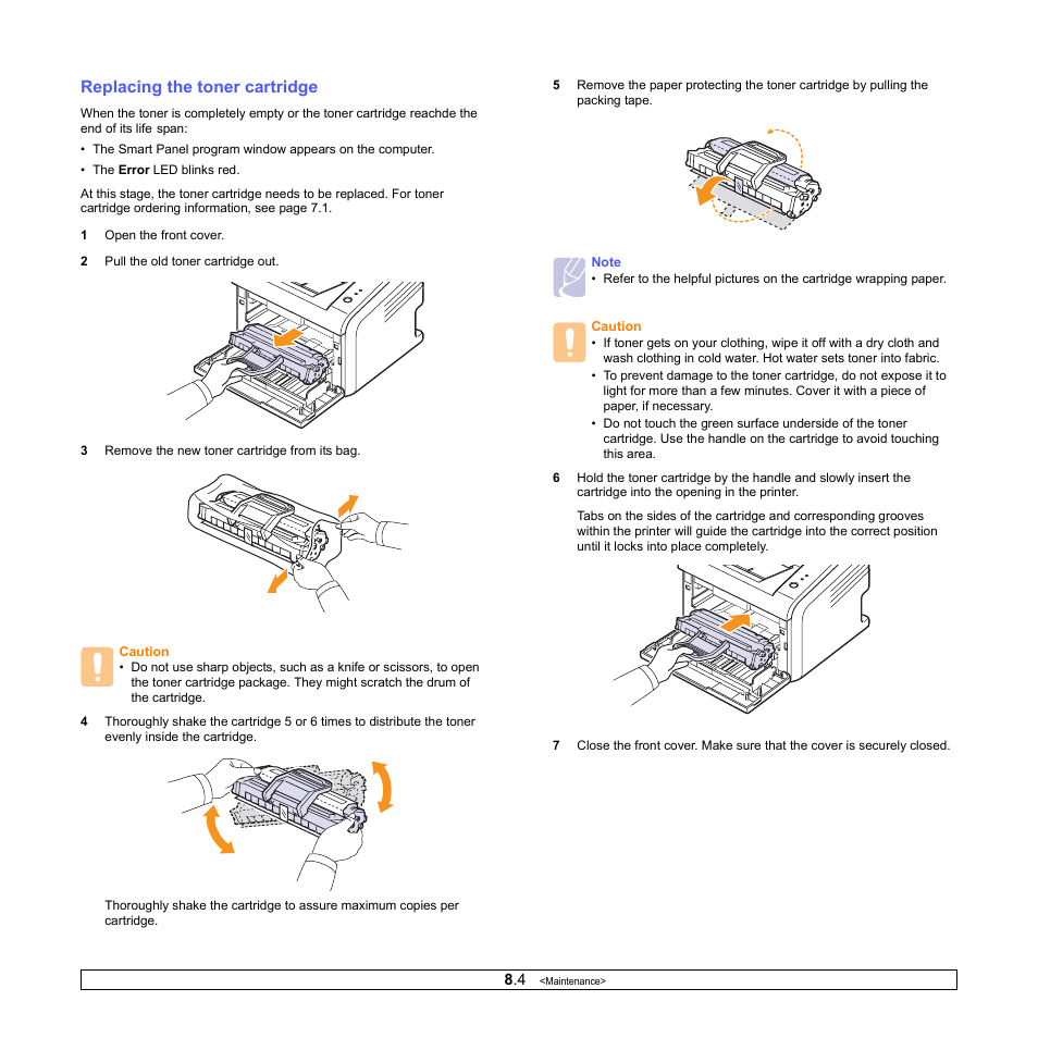 Replacing the toner cartridge | Samsung ML-2570 Series User Manual | Page 31 / 85