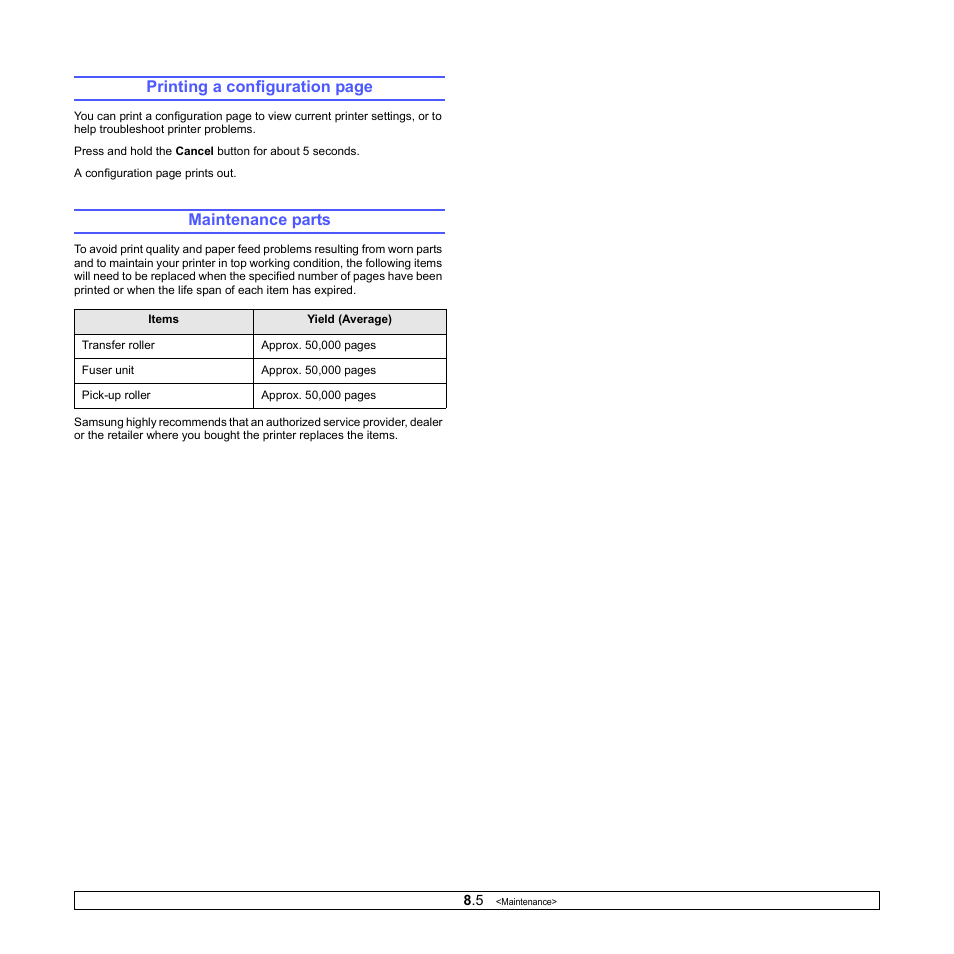 Maintenance parts, Printing a configuration page | Samsung ML-2570 Series User Manual | Page 32 / 85