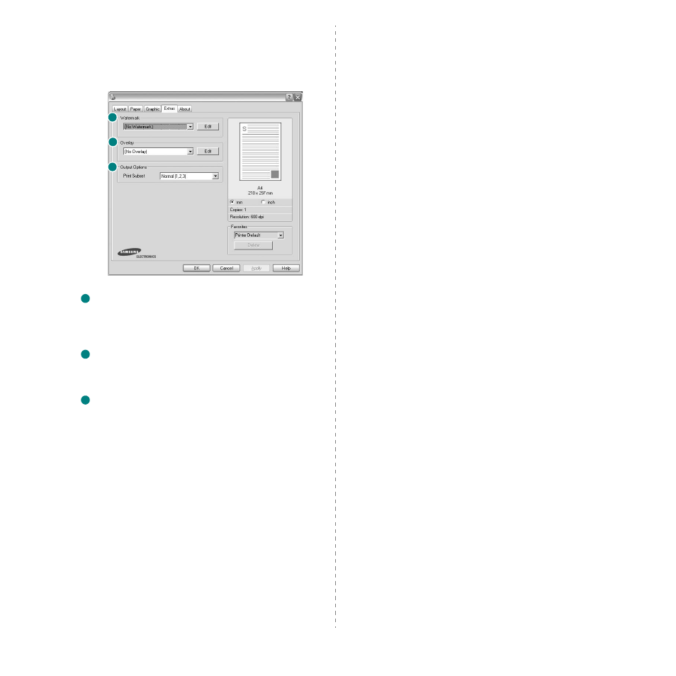 Extras tab, About tab, Printer tab | Extras tab about tab printer tab, Extras tab - about tab - printer tab | Samsung ML-2570 Series User Manual | Page 62 / 85