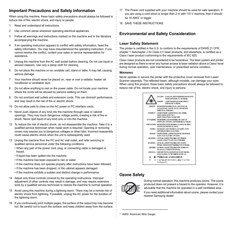 Important precautions and safety information, Environmental and safety consideration, Ozone safety | Samsung ML-2570 Series User Manual | Page 7 / 85