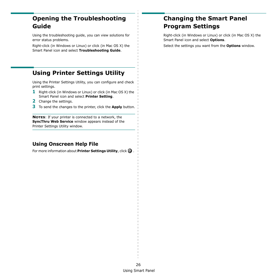 Opening the troubleshooting guide, Using printer settings utility, Using onscreen help file | Changing the smart panel program settings | Samsung ML-2570 Series User Manual | Page 72 / 85