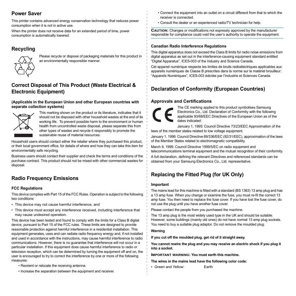 Power saver, Recycling, Radio frequency emissions | Declaration of conformity (european countries), Replacing the fitted plug (for uk only) | Samsung ML-2570 Series User Manual | Page 8 / 85