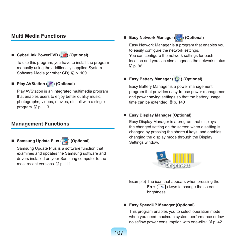 Multi media functions, Management functions | Samsung X65 User Manual | Page 108 / 195