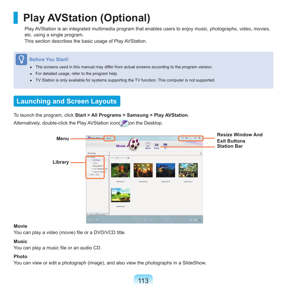 Play avstation (optional), Launching and screen layouts | Samsung X65 User Manual | Page 114 / 195