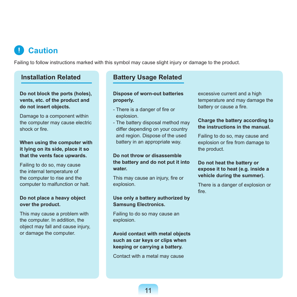 Caution, Installation related battery usage related | Samsung X65 User Manual | Page 12 / 195