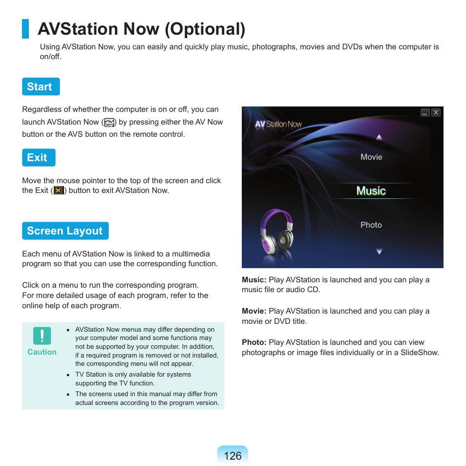 Avstation now (optional), Start, Exit | Screen layout | Samsung X65 User Manual | Page 127 / 195