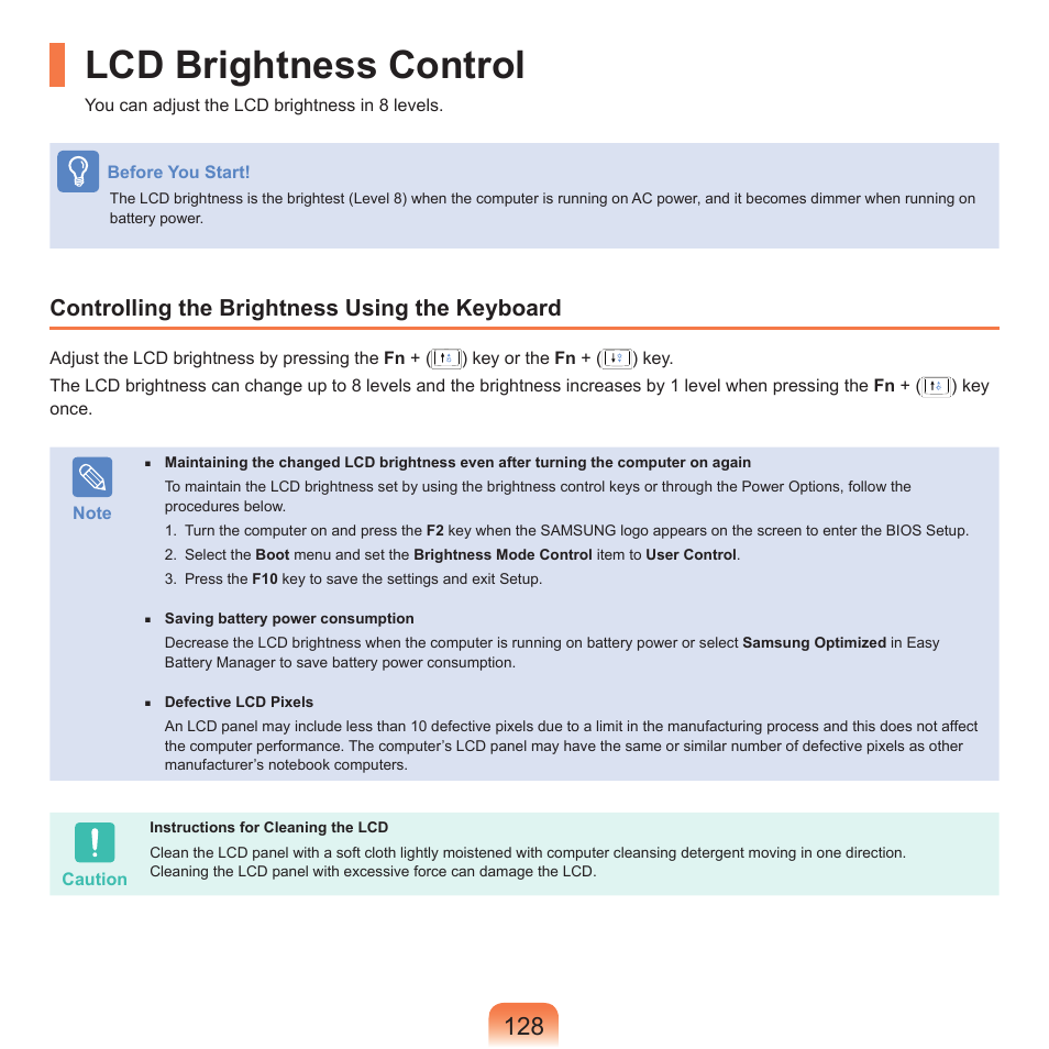 Lcd brightness control, Controlling the brightness using the keyboard | Samsung X65 User Manual | Page 129 / 195