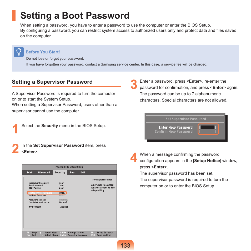 Setting a boot password | Samsung X65 User Manual | Page 134 / 195