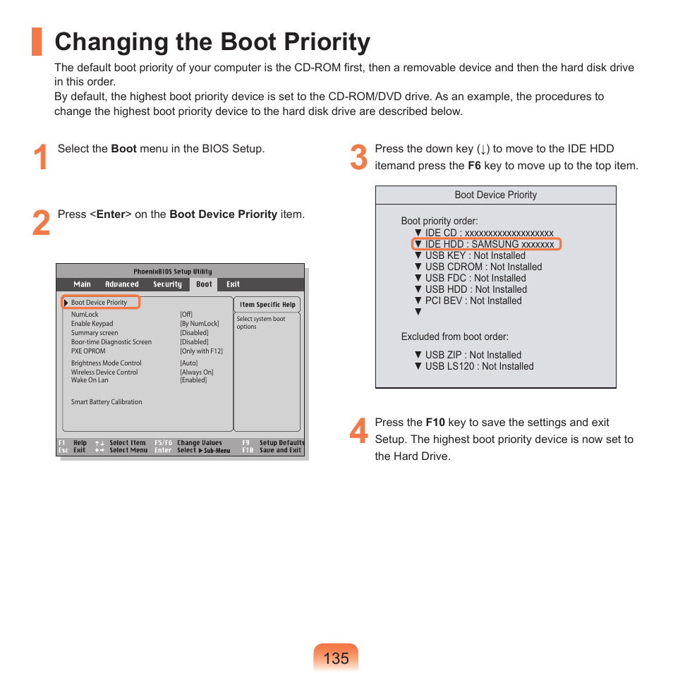 Changing the boot priority | Samsung X65 User Manual | Page 136 / 195