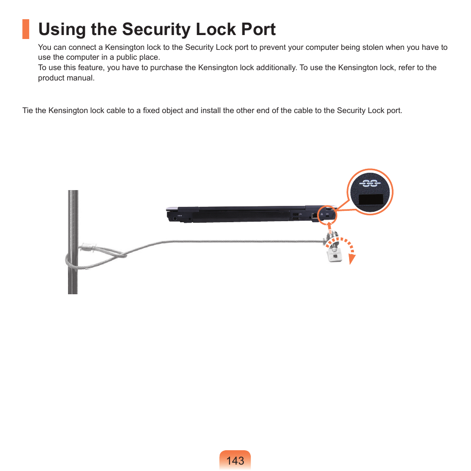 Using the security lock port | Samsung X65 User Manual | Page 144 / 195