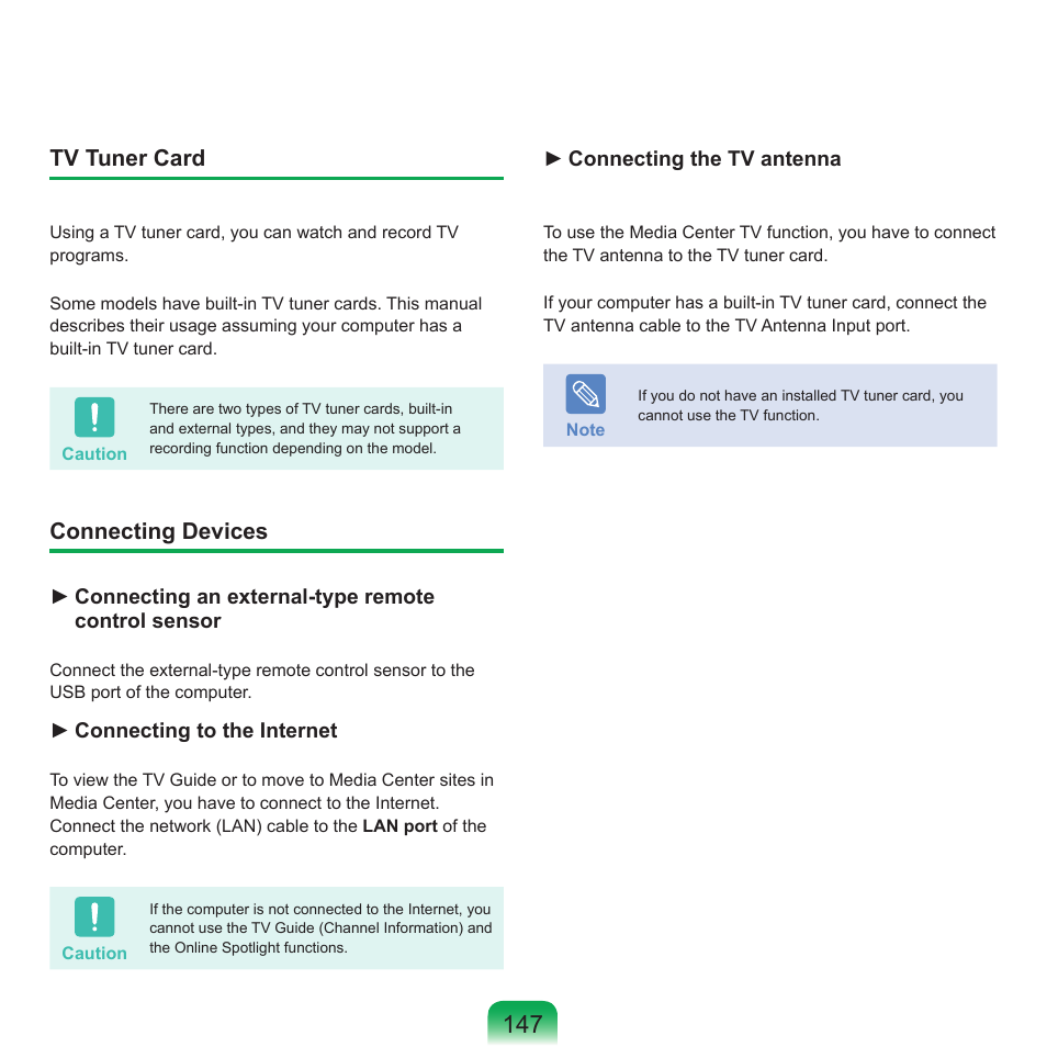 Tv tuner card, Connecting devices | Samsung X65 User Manual | Page 148 / 195