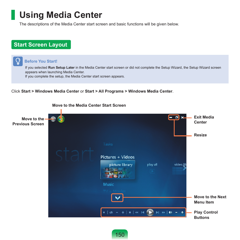 Using media center, Start screen layout, 150 start screen layout | Samsung X65 User Manual | Page 151 / 195