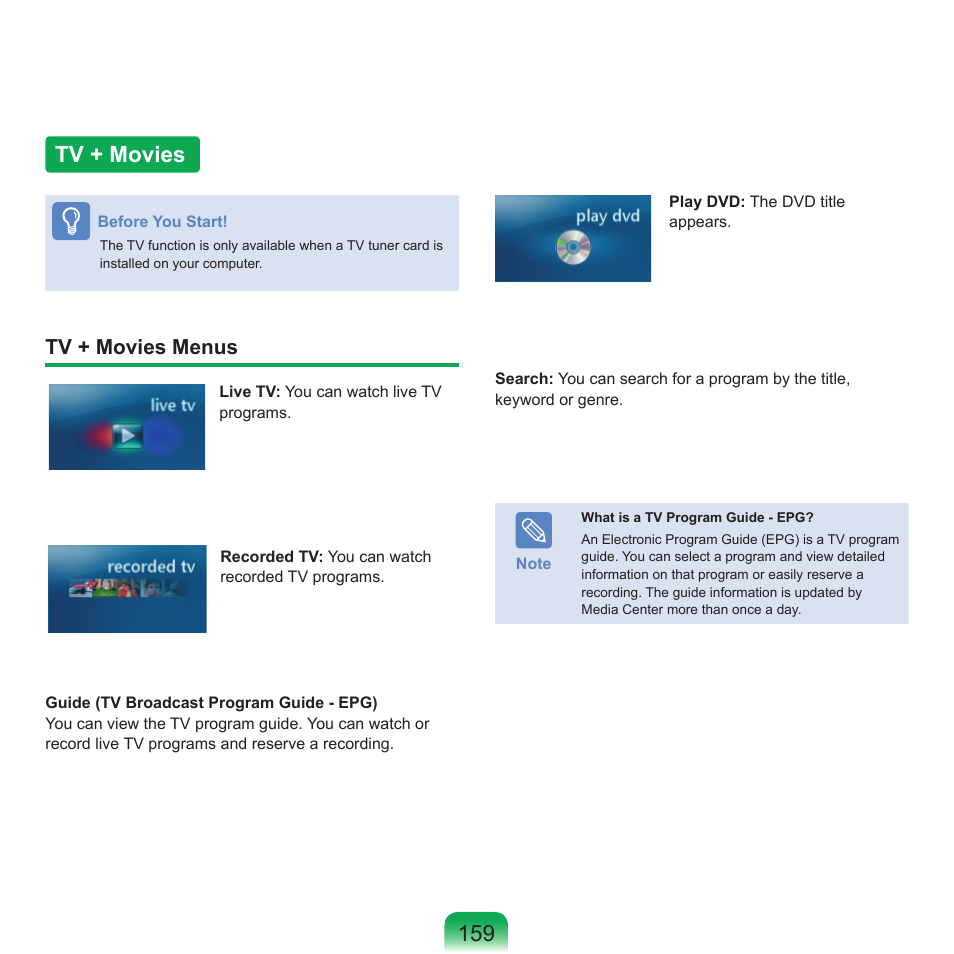 Tv + movies, Tv + movies menus | Samsung X65 User Manual | Page 160 / 195