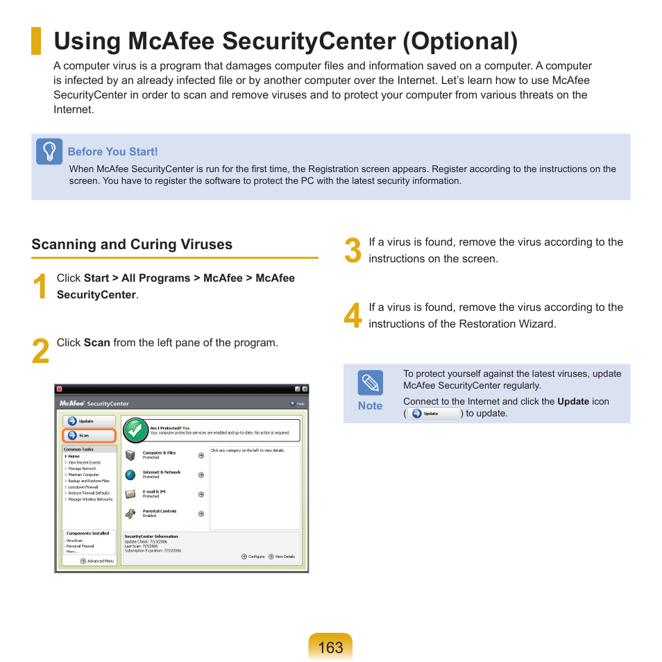 Using mcafee securitycenter (optional) | Samsung X65 User Manual | Page 164 / 195