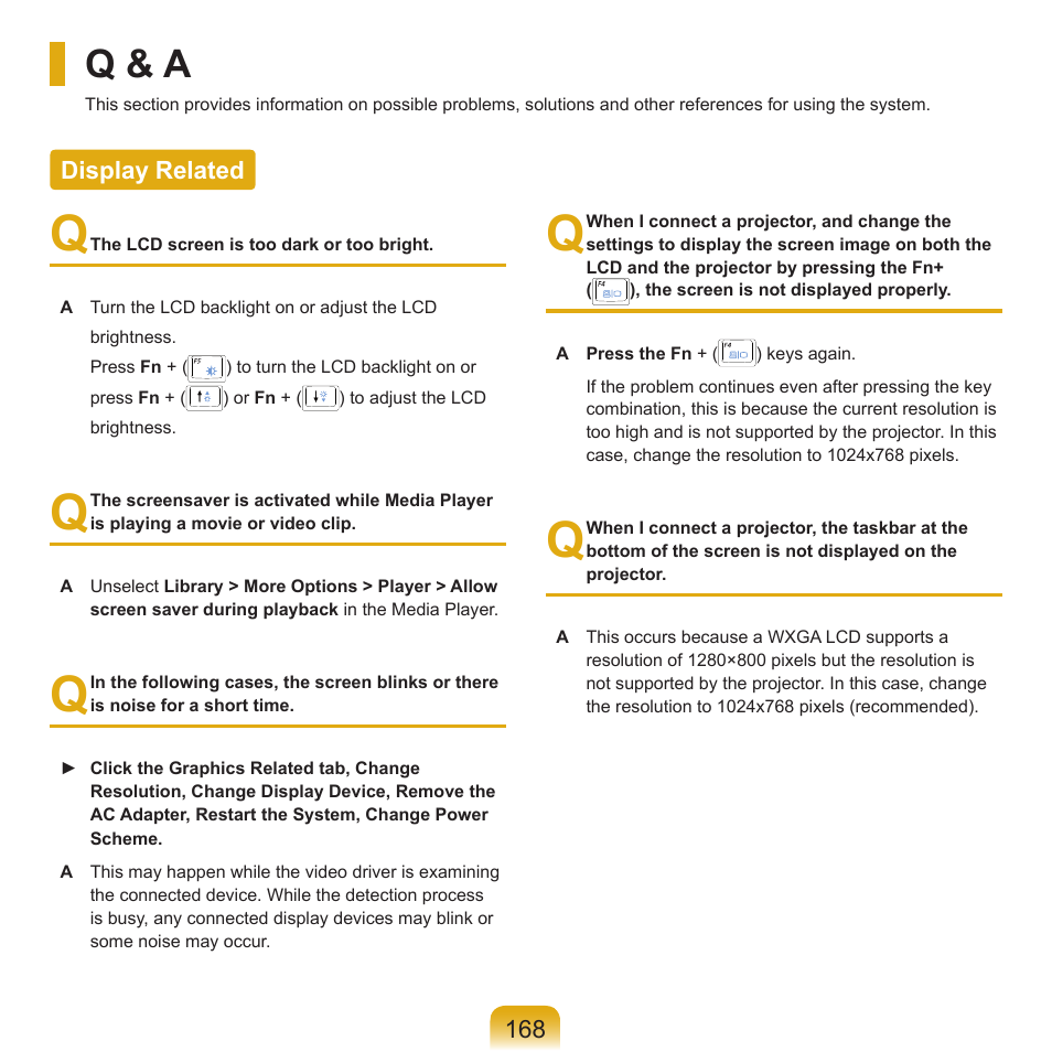 Q & a, Display related | Samsung X65 User Manual | Page 169 / 195