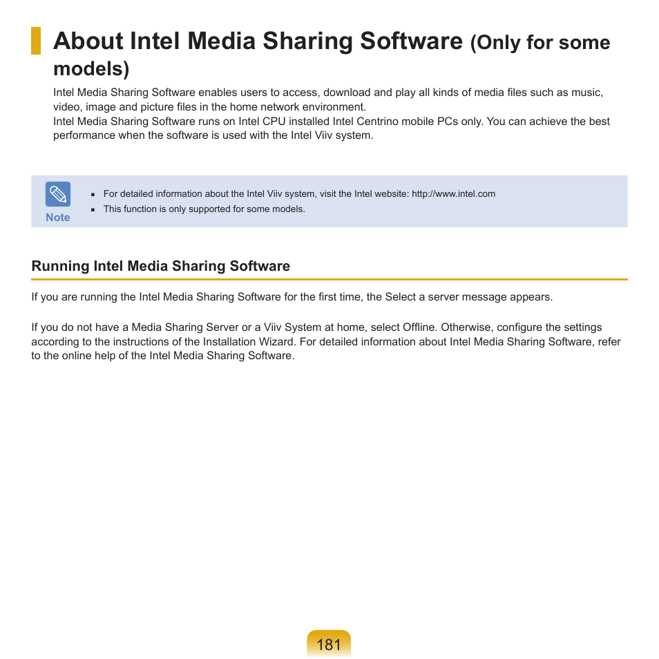 About intel media sharing software (only for some, About intel media sharing software, Only for some models) | Samsung X65 User Manual | Page 182 / 195