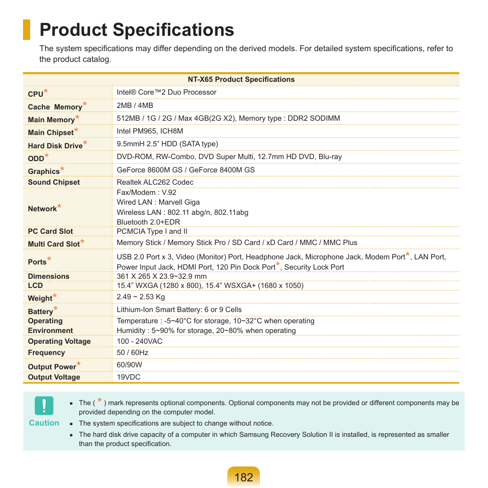 Product specifications, Product speciﬁcations | Samsung X65 User Manual | Page 183 / 195