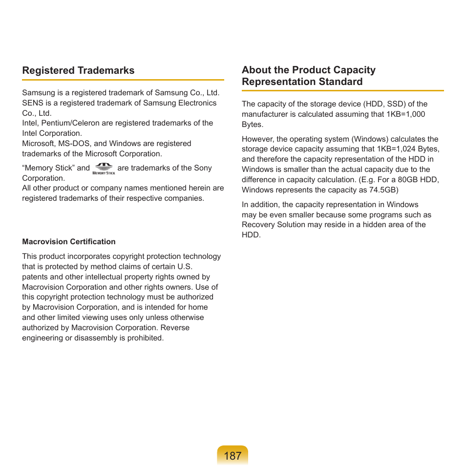Registered trademarks, About the product capacity representation standard | Samsung X65 User Manual | Page 188 / 195