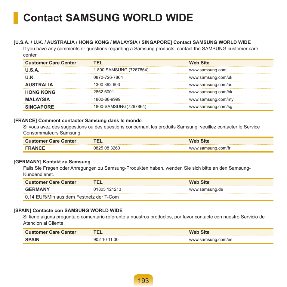 Contact samsung world wide | Samsung X65 User Manual | Page 194 / 195