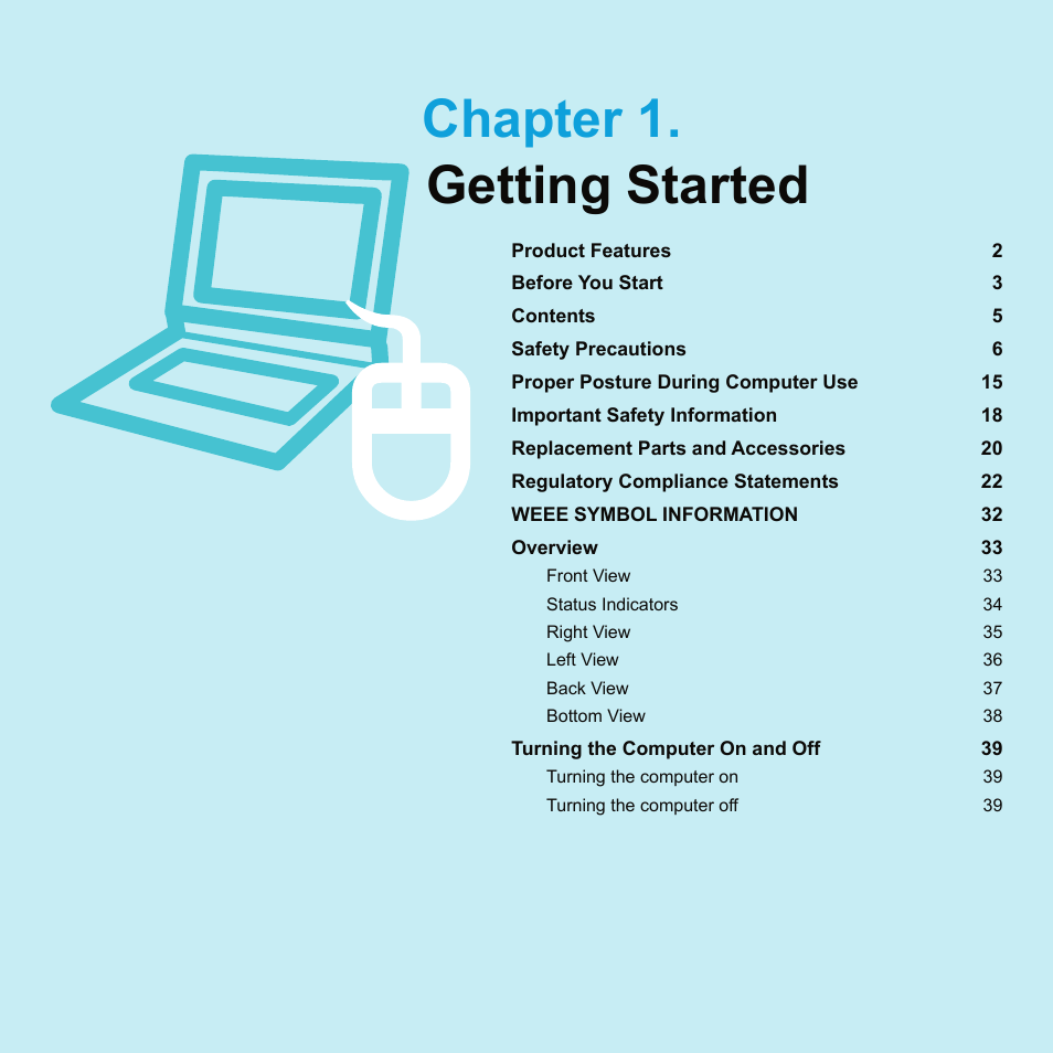 Chapter 1. getting started | Samsung X65 User Manual | Page 2 / 195