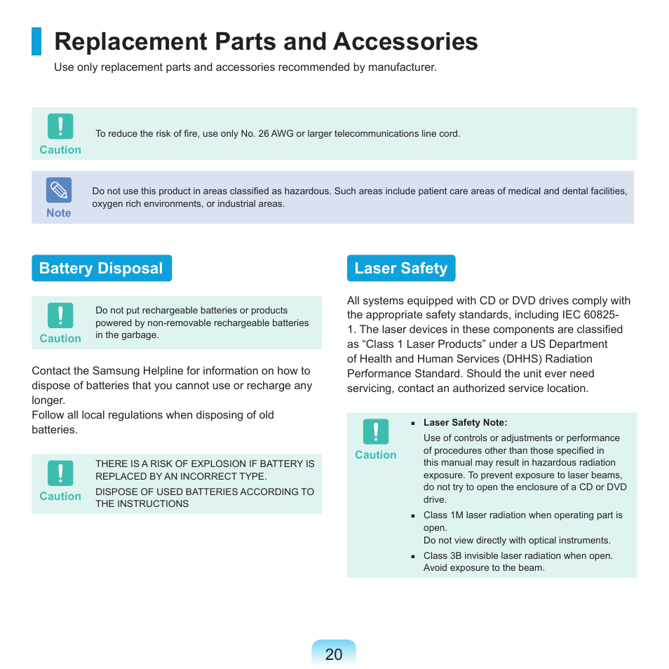 Replacement parts and accessories, Battery disposal, Laser safety | Samsung X65 User Manual | Page 21 / 195