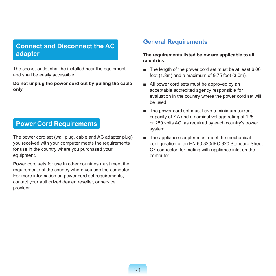 Connect and disconnect the ac adapter, Power cord requirements | Samsung X65 User Manual | Page 22 / 195