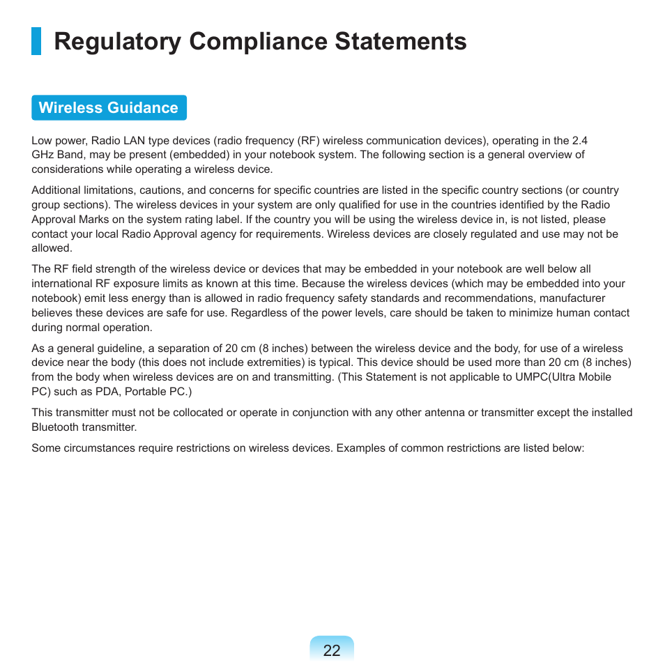 Regulatory compliance statements, Wireless guidance | Samsung X65 User Manual | Page 23 / 195